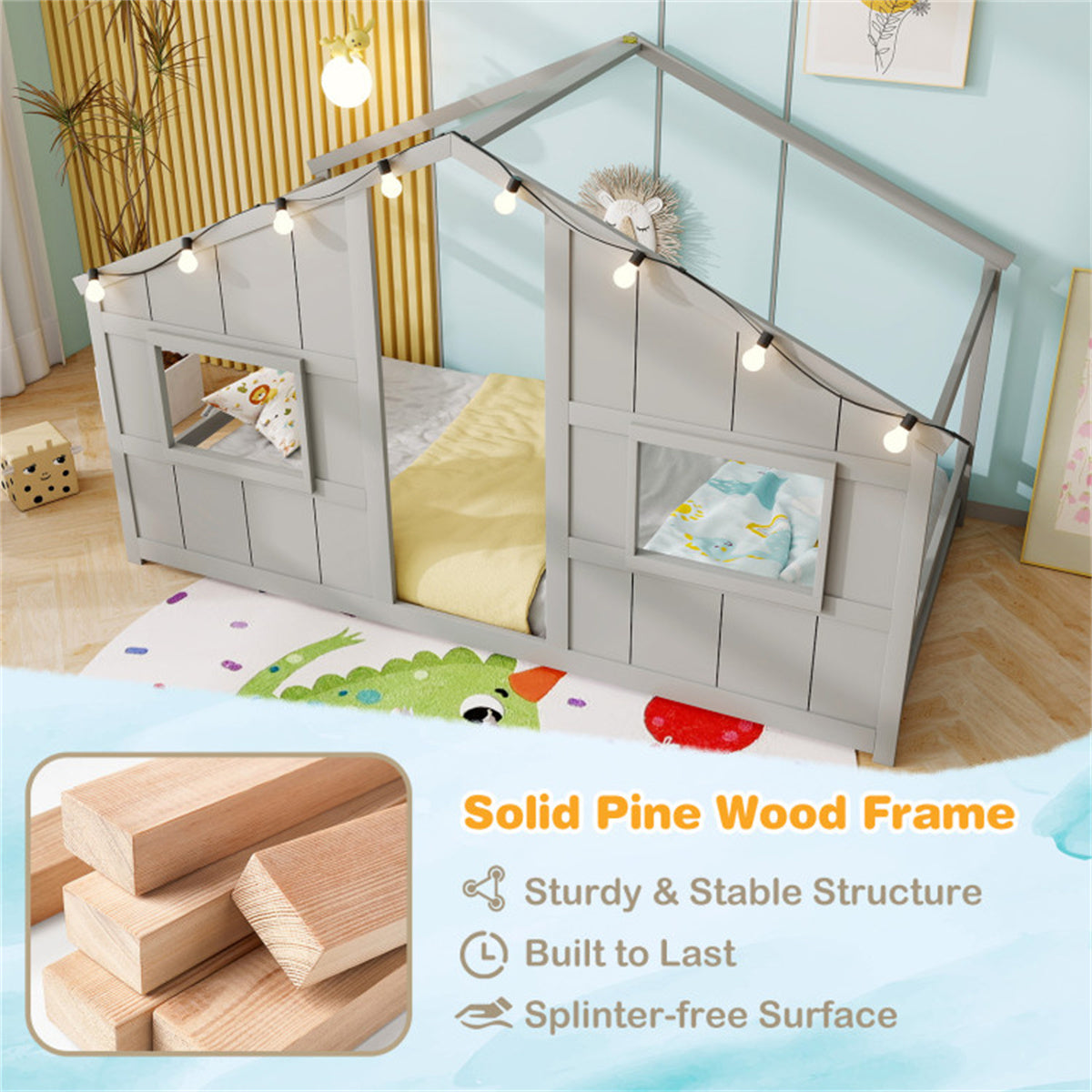 Twin-Size Kids House Gray Floor Bed