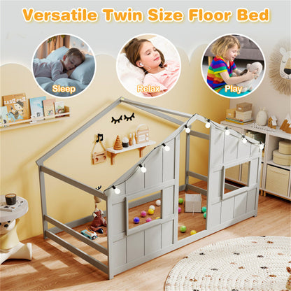 Twin-Size Kids House Gray Floor Bed