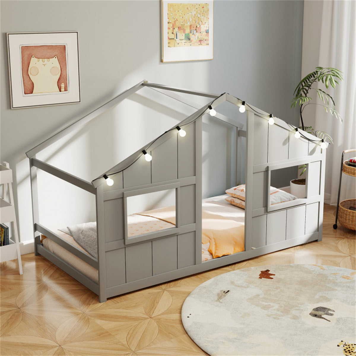 Twin-Size Kids House Gray Floor Bed