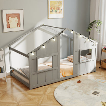 Twin-Size Kids House Gray Floor Bed