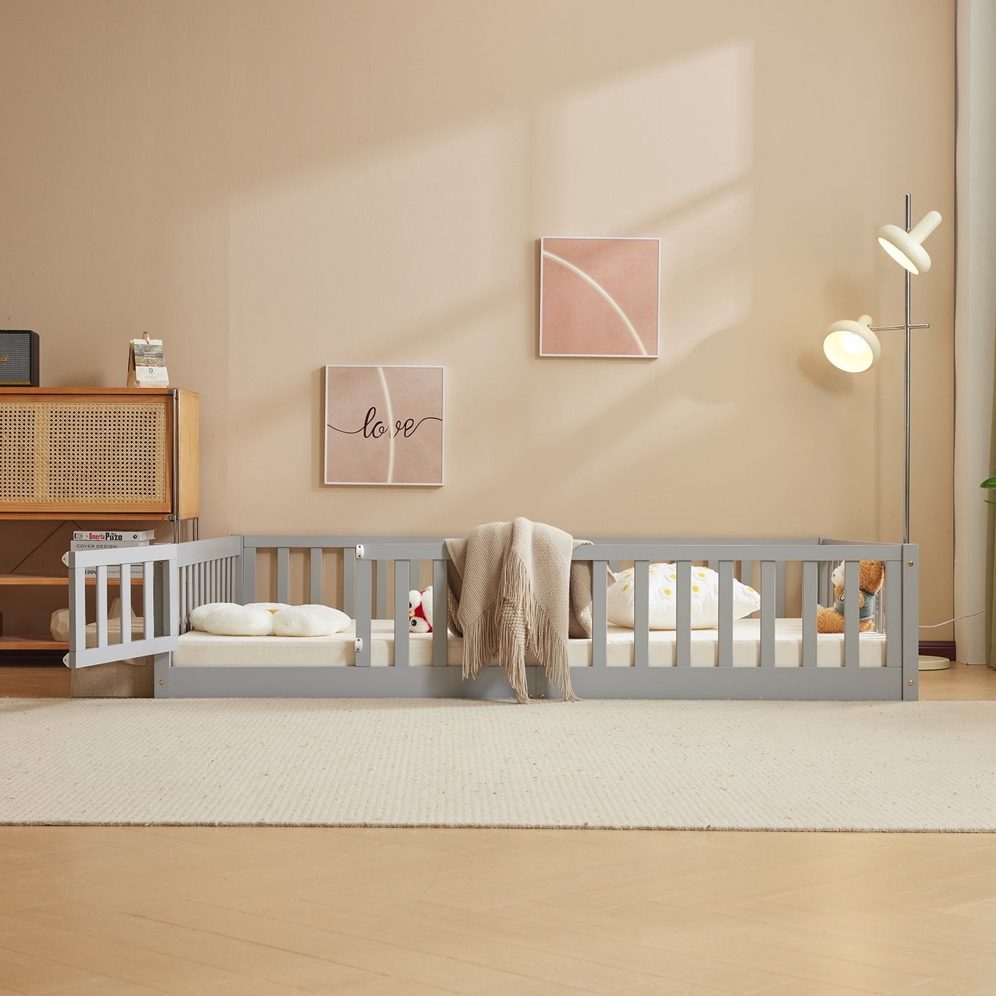 Gray painted pine wood playpen bed
