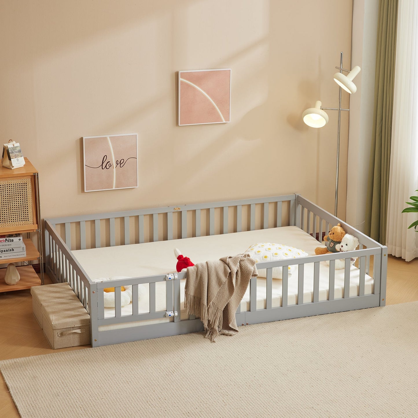 Gray painted pine wood playpen bed