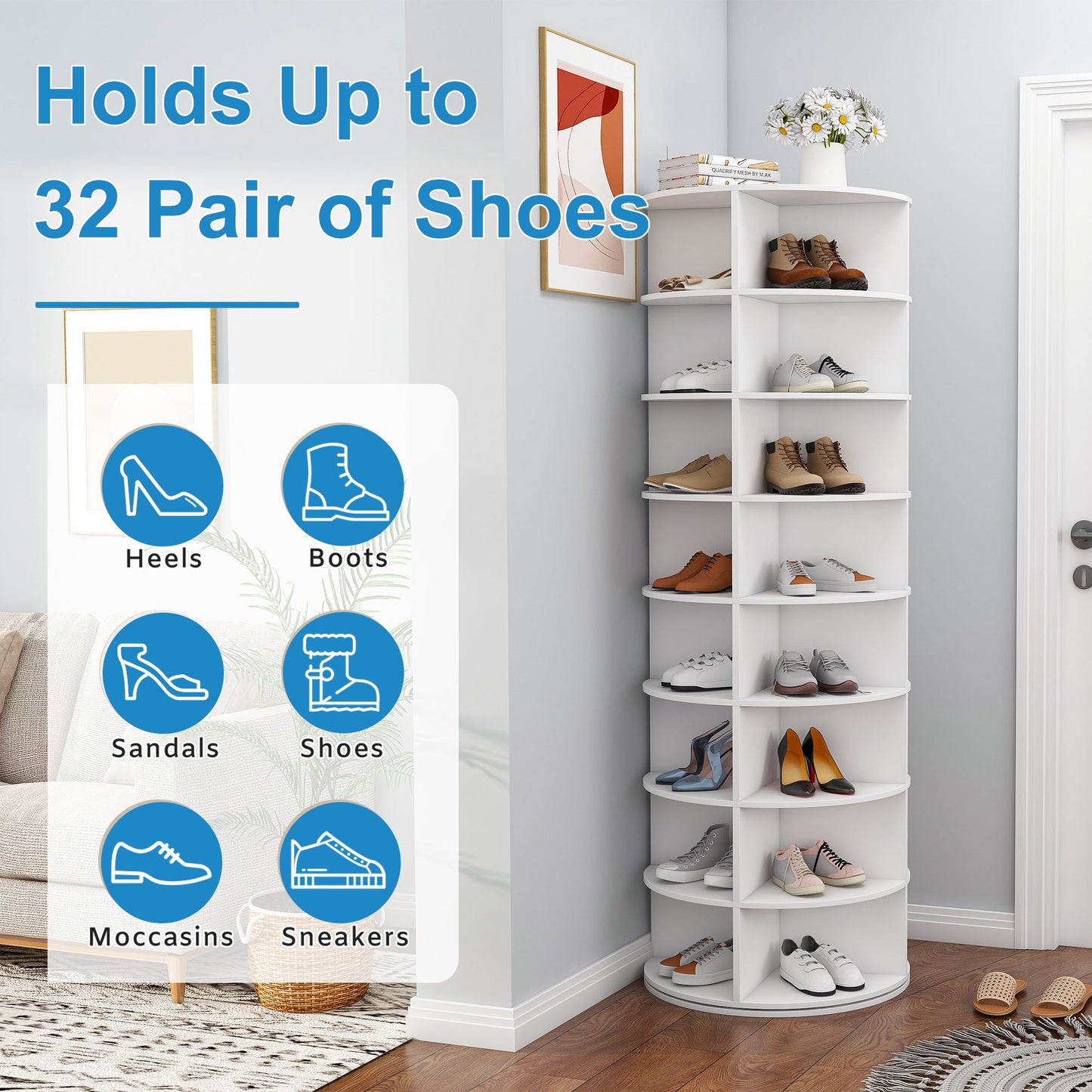 Rotating Shoe Rack Tower, 8-Tier Spinning Storage Rack
