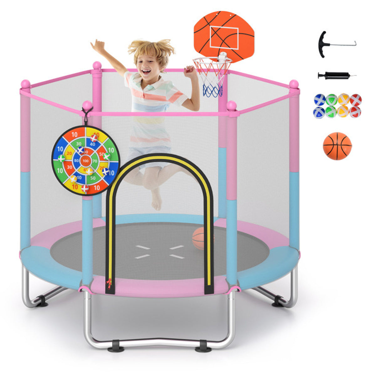 3-in-1 Kids Trampoline 60" with Basketball Hoop & Dartboard