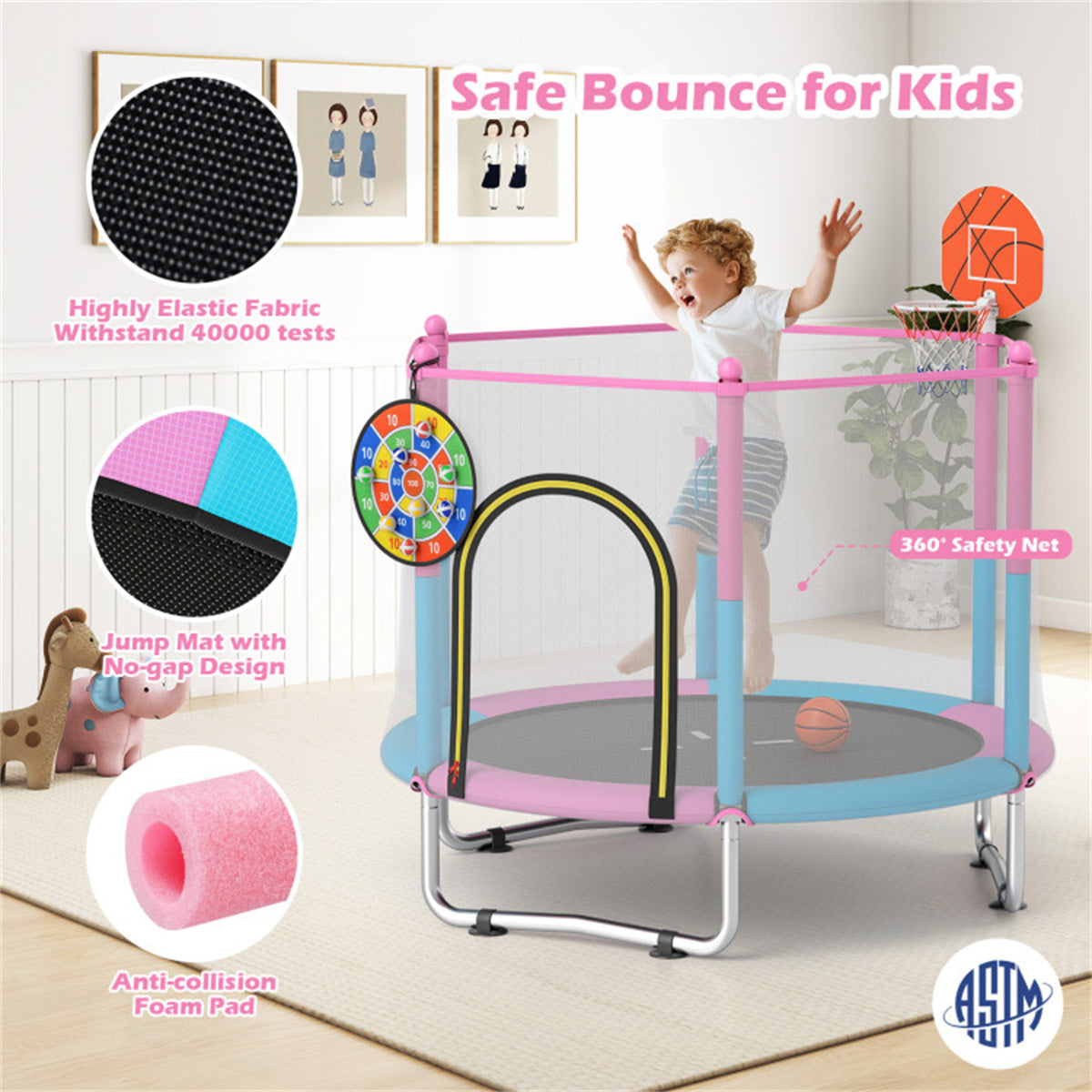 3-in-1 Kids Trampoline 60" with Basketball Hoop & Dartboard