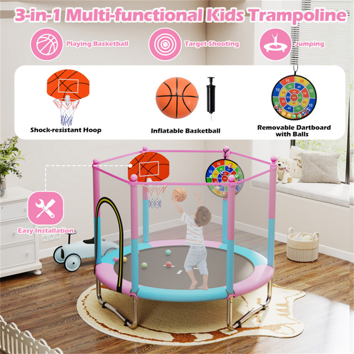 3-in-1 Kids Trampoline 60" with Basketball Hoop & Dartboard