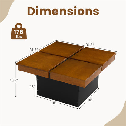 Modern Square Floating Coffee Table Okume Wood Veneer 4-Section Storage Walnut & Black