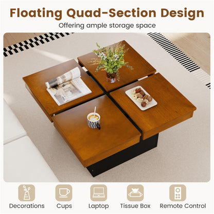 Modern Square Floating Coffee Table Okume Wood Veneer 4-Section Storage Walnut & Black