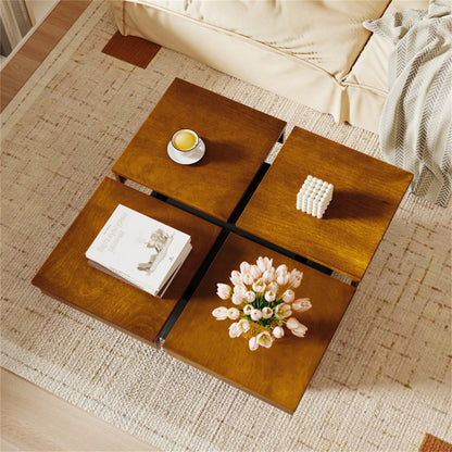 Modern Square Floating Coffee Table Okume Wood Veneer 4-Section Storage Walnut & Black