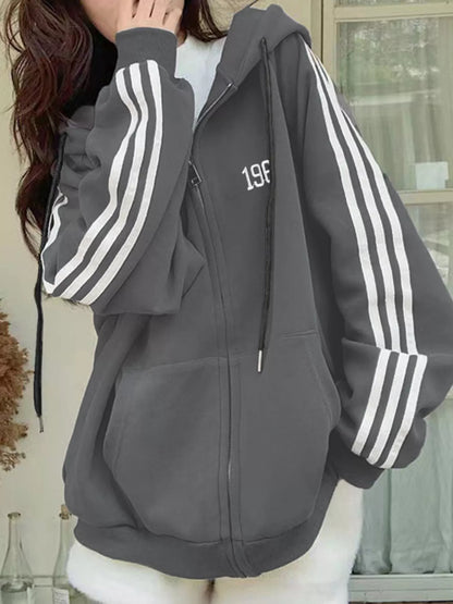Striped Sleeve Zip-Up Hoodie