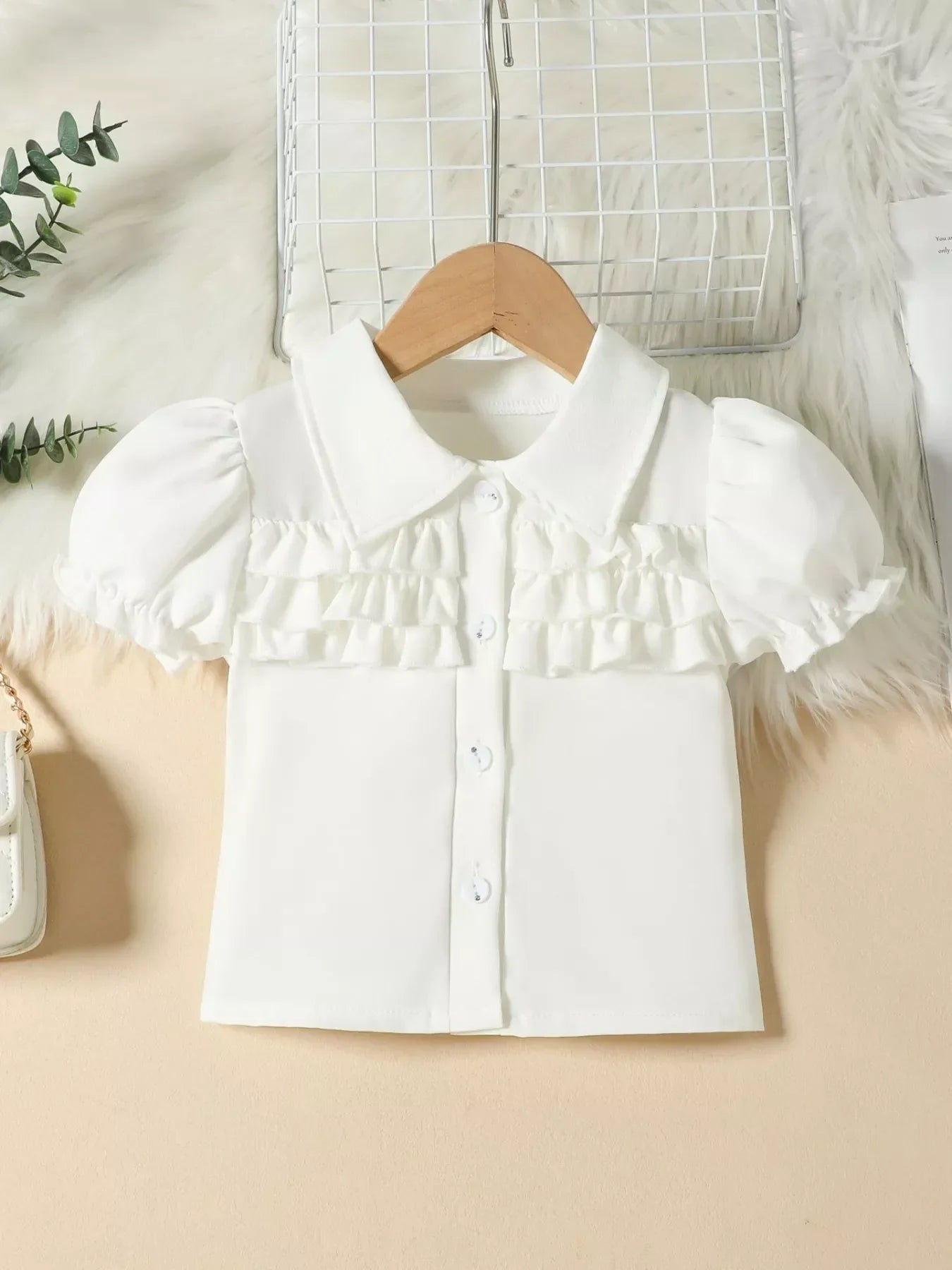 Children's Ruffle Trim Puff Sleeve Top & Pleated Skirt Set