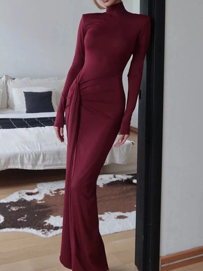 Turtleneck Long Sleeve Slit Maxi Dress