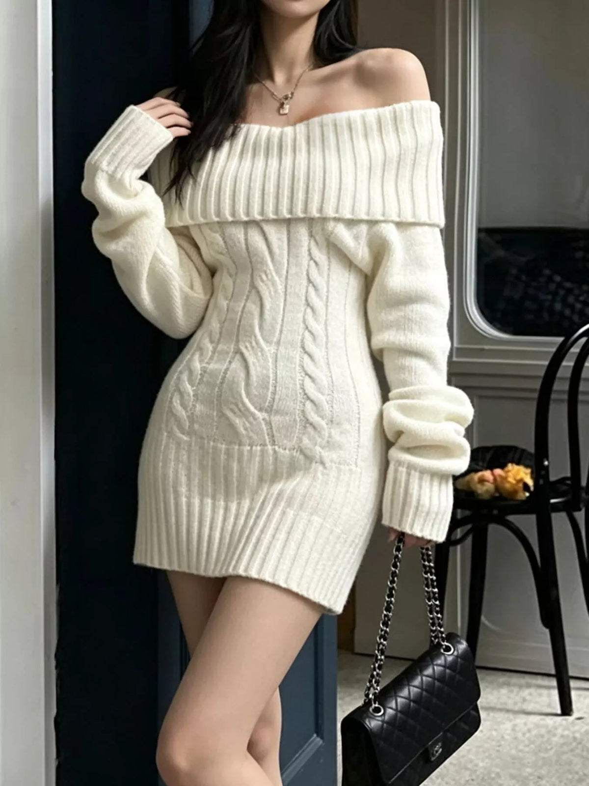 Women's off-shoulder cable knit sweater dress in white