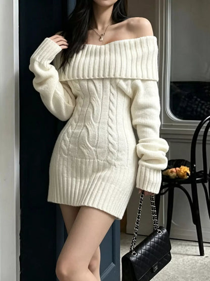 Women's off-shoulder cable knit sweater dress in white
