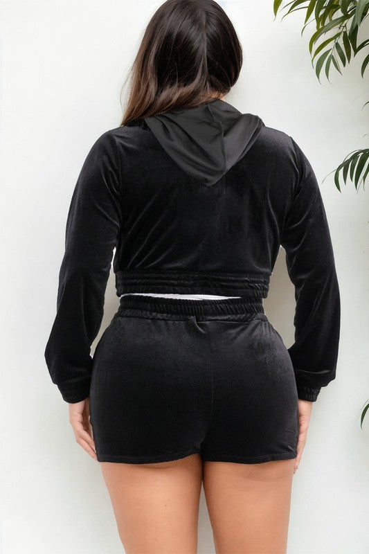 Plus Size Velour Crop Zip Up Hoodie and Shorts Set