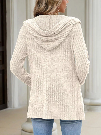 Ribbed Knit Hooded Button-Down Cardigan