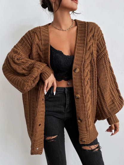 Cable Knit V-Neck Button-Down Cardigan