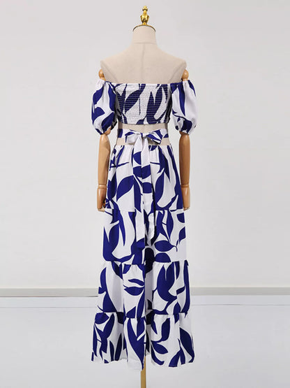 Off-Shoulder Cutout Leaf Print Dress