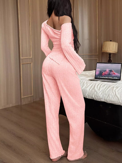 One-Shoulder Ribbed Knit Top and Pants Set