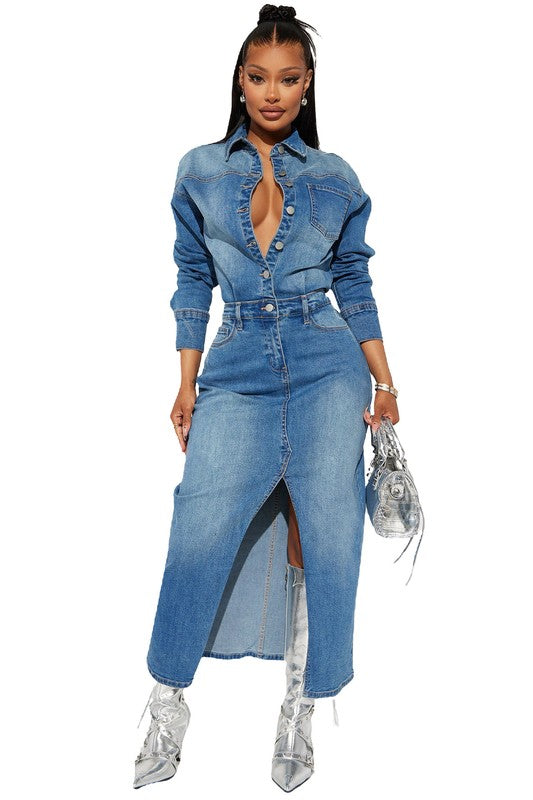 WOMEN FASHION DENIM LONG MAXI DRESS - MONLANE