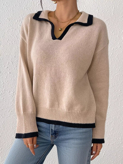Contrast Trim Polo Collar Sweater