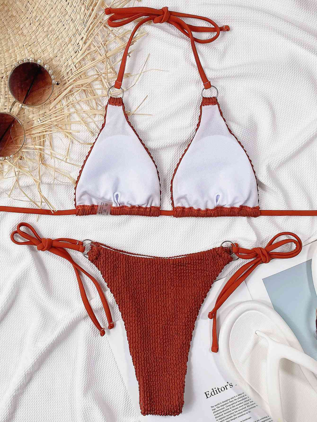 Textured Halter Tie-Side Bikini with Removable Pads