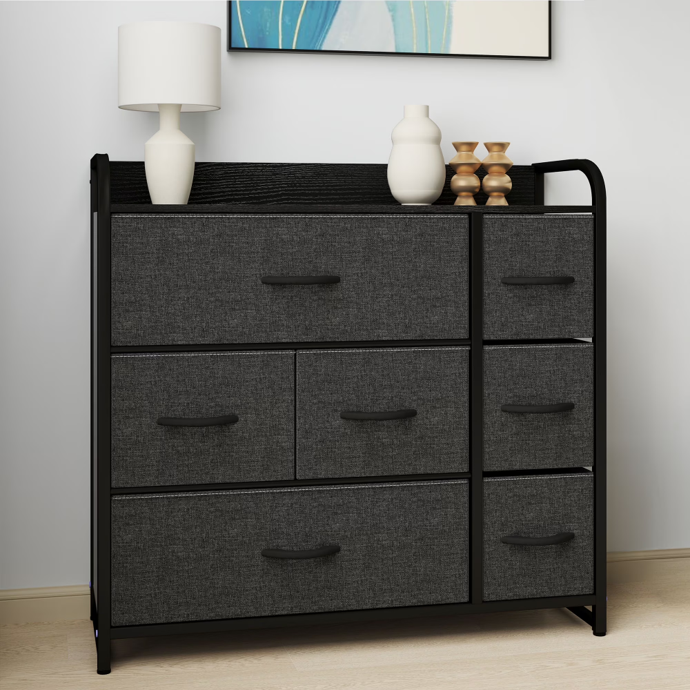7-Drawer Black-Gray Fabric Dresser