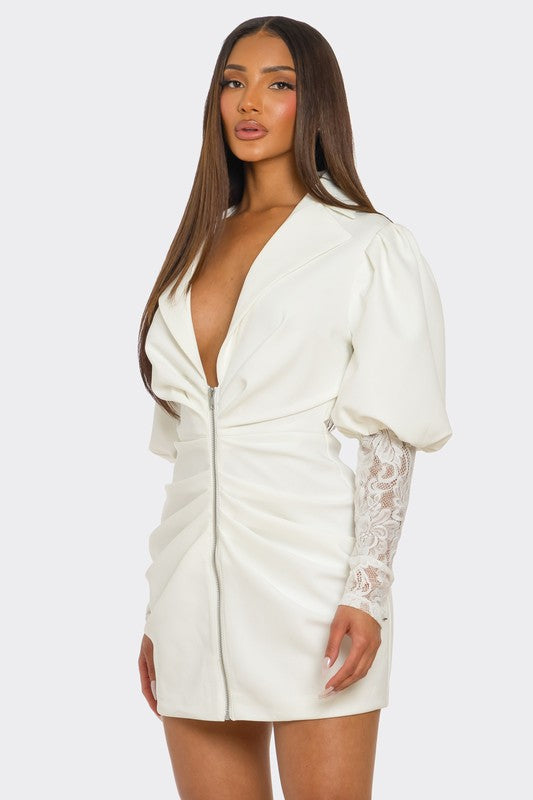 White Puff-Sleeve Zip-Up Dress