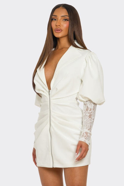 White Puff-Sleeve Zip-Up Dress