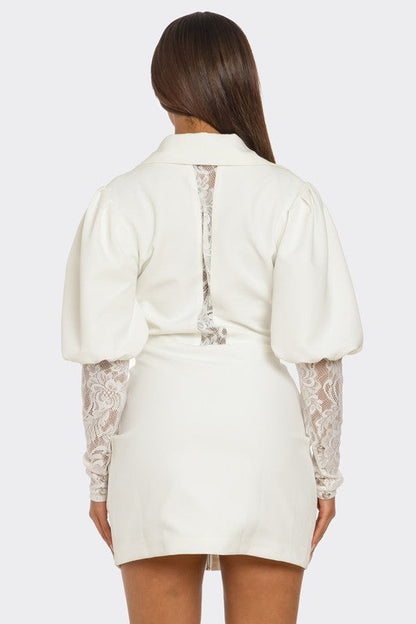 White Puff-Sleeve Zip-Up Dress