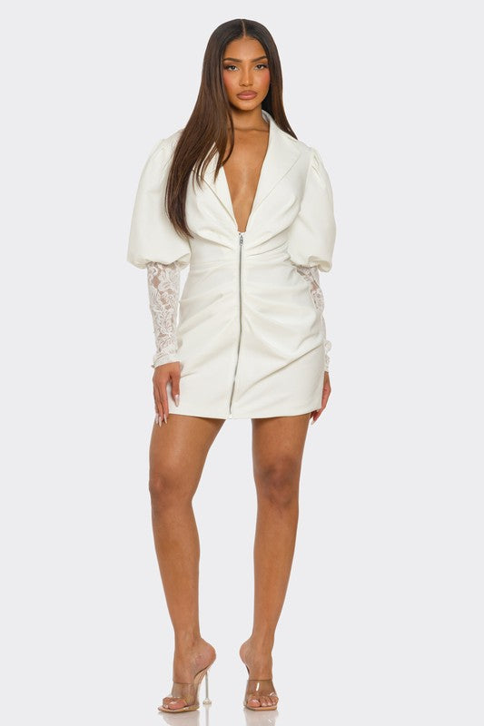 White Puff-Sleeve Zip-Up Dress