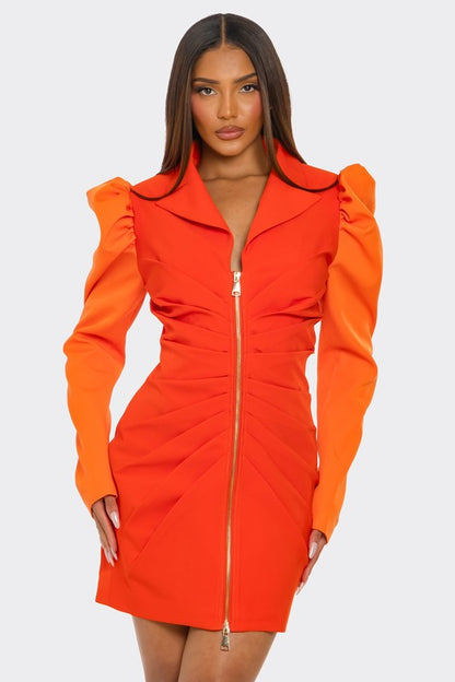 Two-Tone Orange Zip-Up Dress
