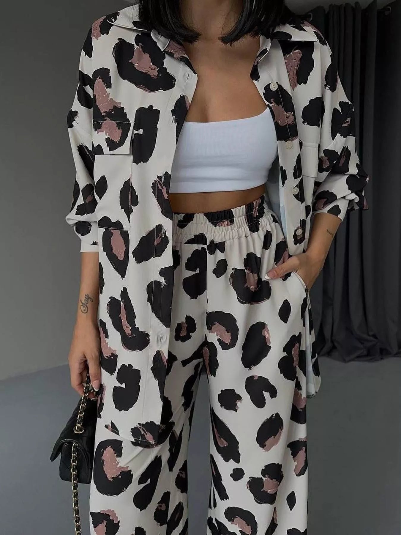 Leopard Print Relaxed Fit Shirt and Pants Two-Piece Set