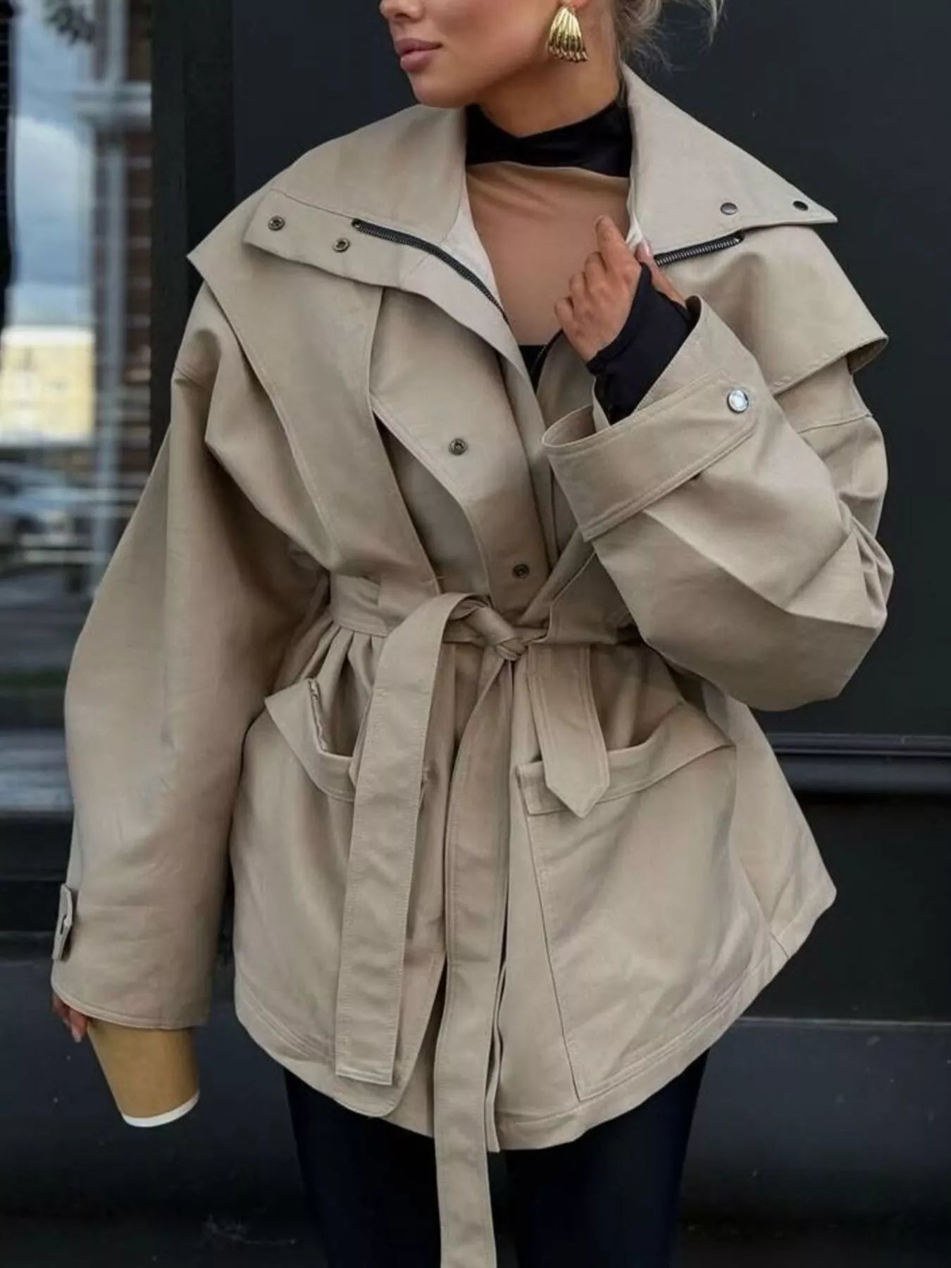 Tie Waist Snap Down Trench Coat
