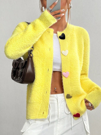 Heart Button Fuzzy Cardigan