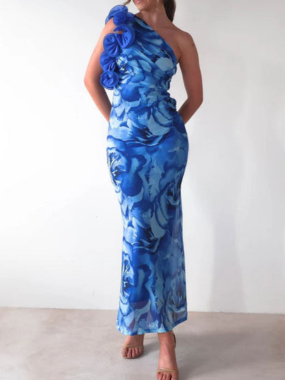 Floral Print One-Shoulder Dress