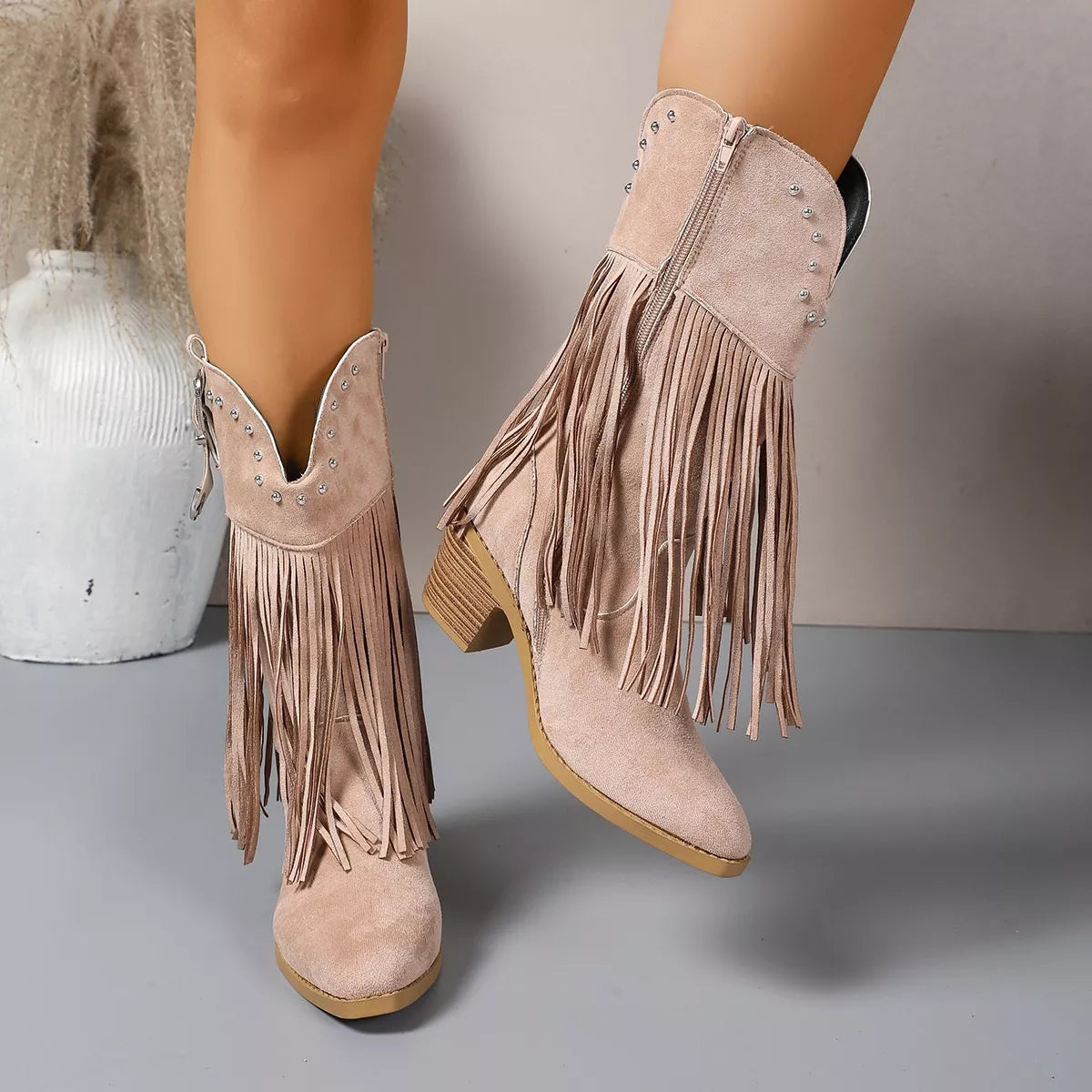 Fringe Round Toe Block Heels Boots
