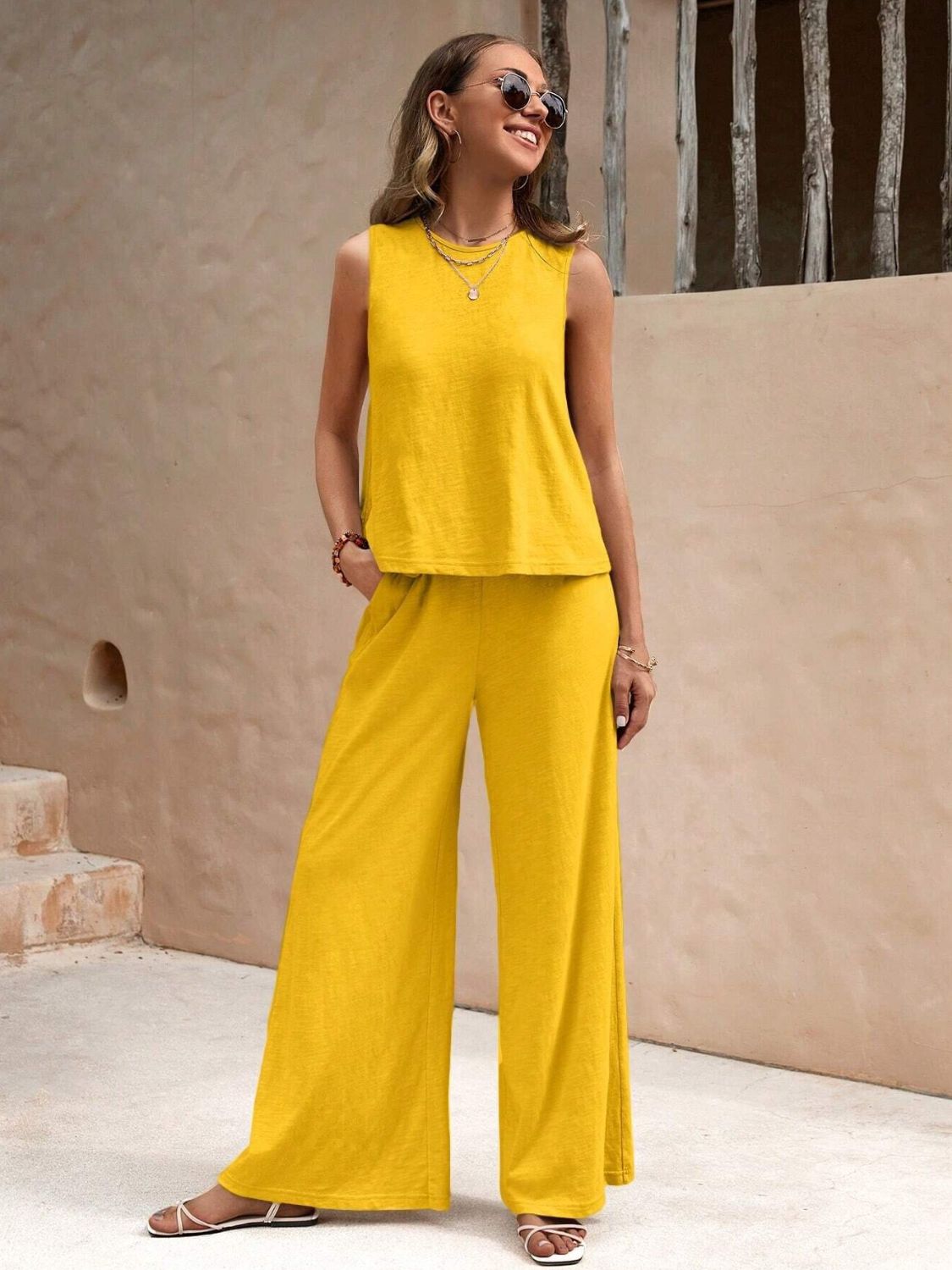 Sleeveless Top and Wide Leg Pants Set