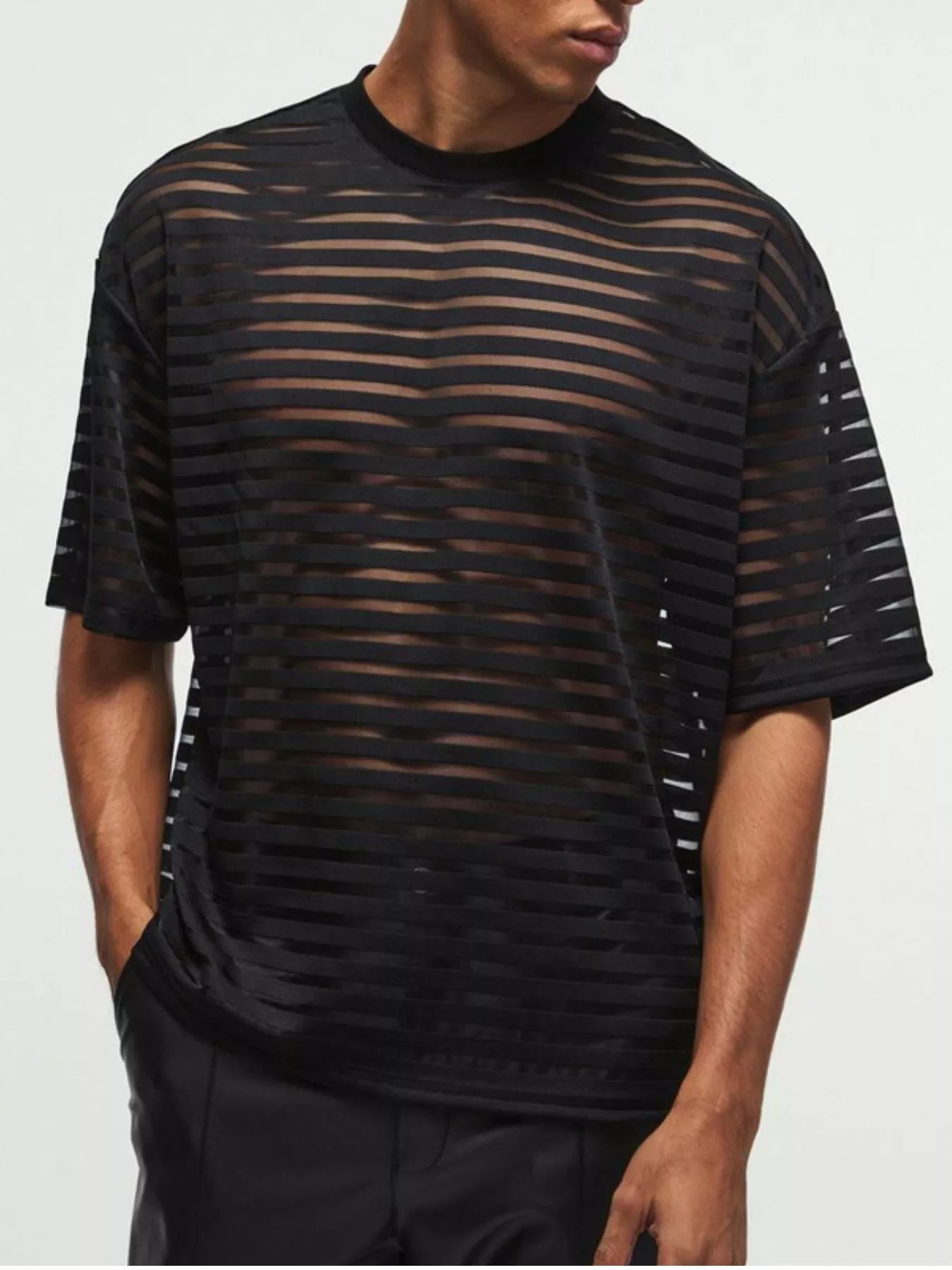 Men's Sheer Striped Round Neck T-Shirt