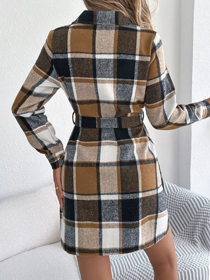 Plaid Button Front Tie Waist Shirt Dress