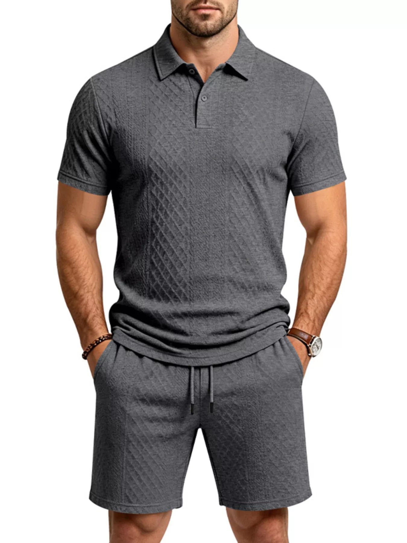 Men's Full Size Textured Short Sleeve Polo and Shorts Set Plus Size