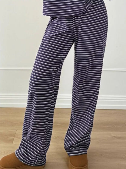 Plus Size Striped Polo Top & Wide-Leg Pants Set