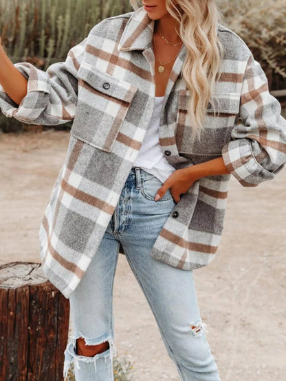 Plaid Button-Down Long Sleeve Jacket