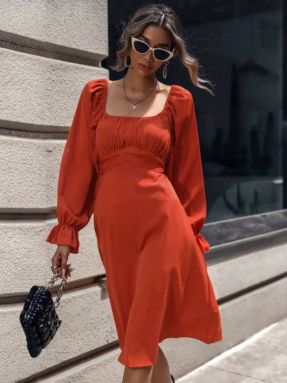 Square Neck Flounce Sleeve Midi Dress