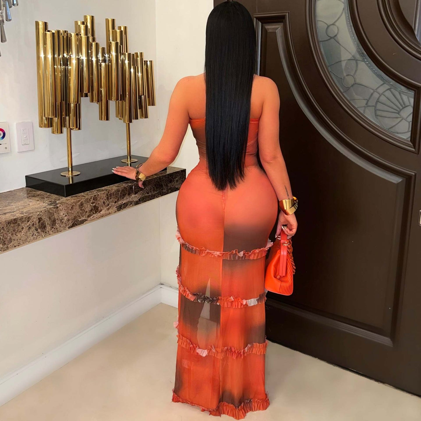 Sling Hollow Pleated Lace Slit Dress