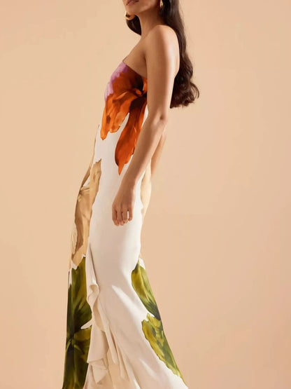 Floral Print One-Shoulder Ruffle Hem Maxi Dress