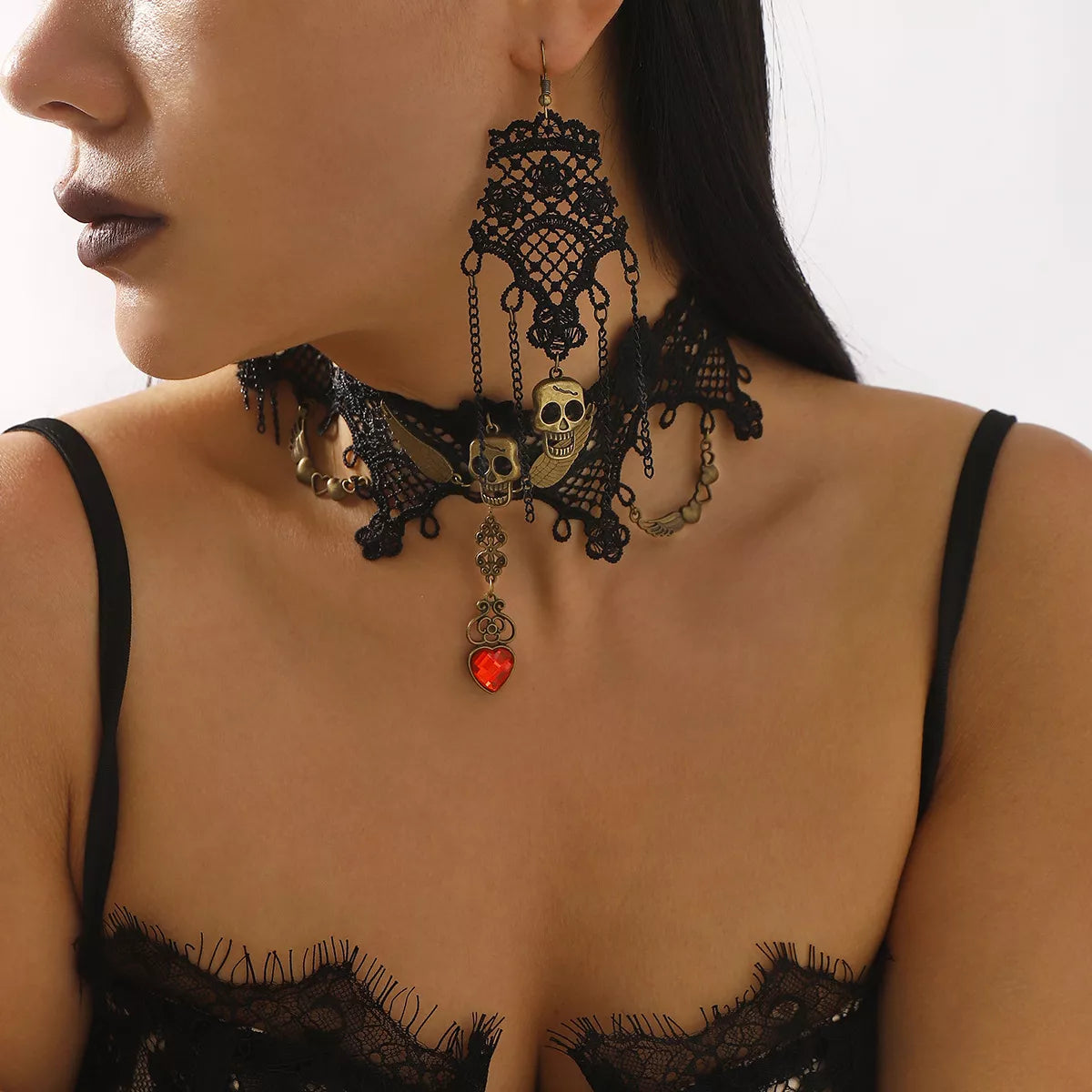 Halloween Lace Skull Necklace Set