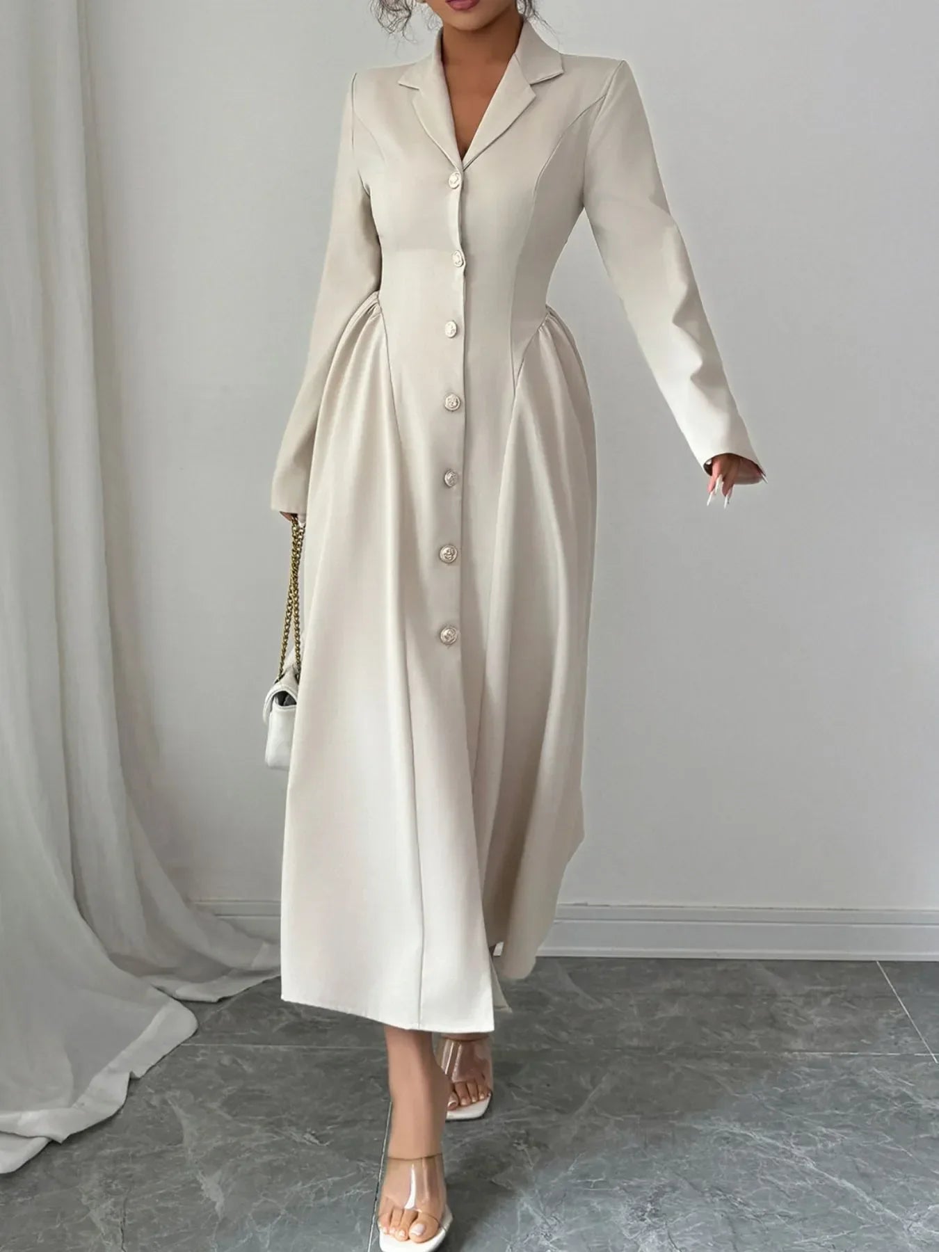 Button-Front Long Sleeve Dress
