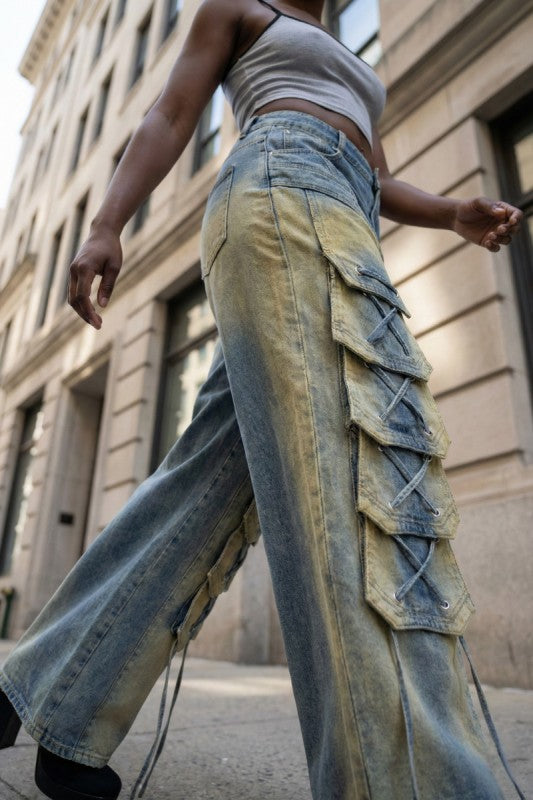 Laced Cargo Wide-Leg Denim Jeans