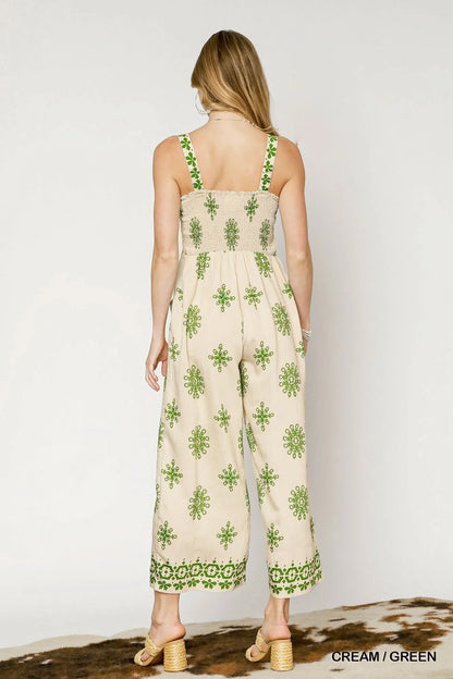 Smocked Printed Wide Leg Jumpsuit